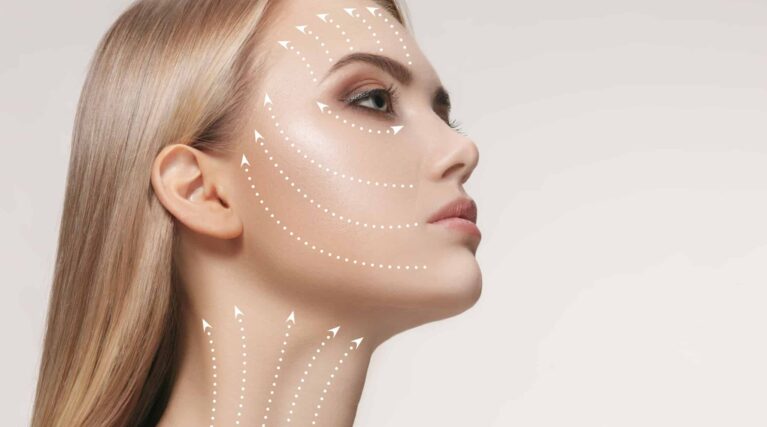 woman shows benefits of facial contouring procedure with facetite